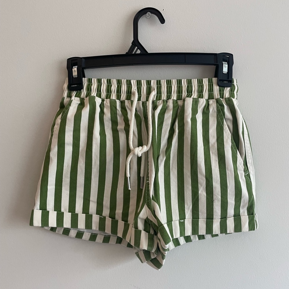 Green and White Striped Women Shorts